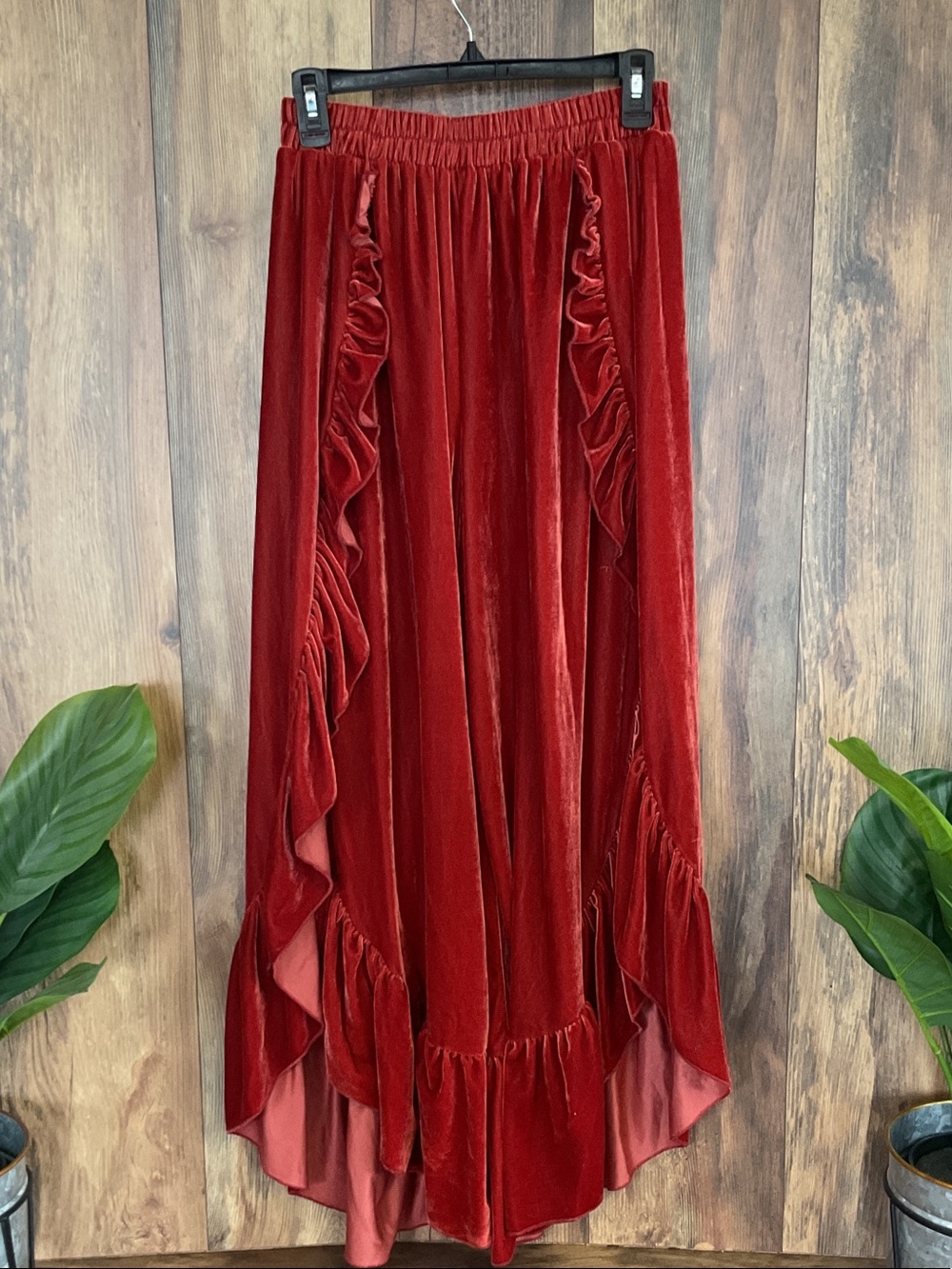 Rustty Dustty Velvet Wide-Leg Ruffle Split Leg Jumpsuit Pants M    C354